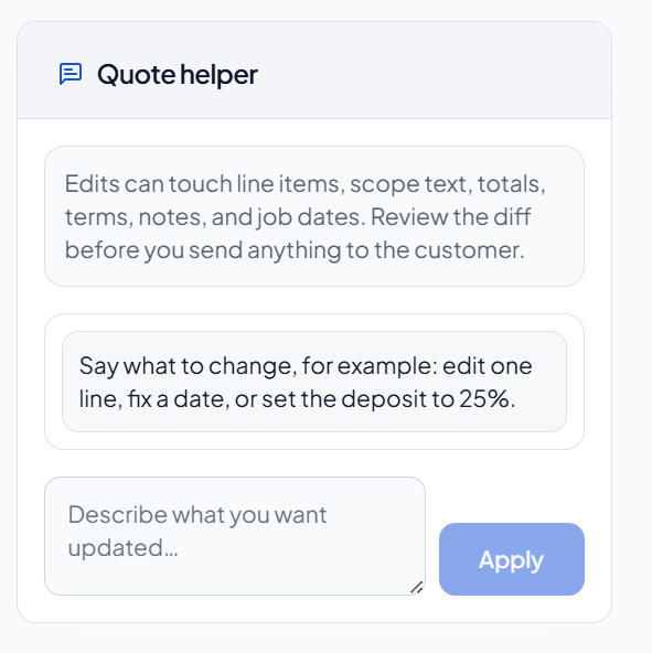 Quote assistant panel: hints, example prompt, describe updates field, and Apply